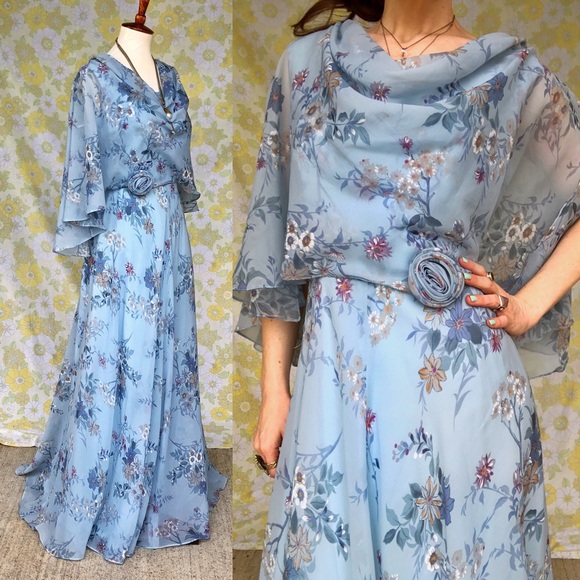 Vintage Dresses & Skirts - Vintage✨70s Steel Blue Capelet Goddess Dress